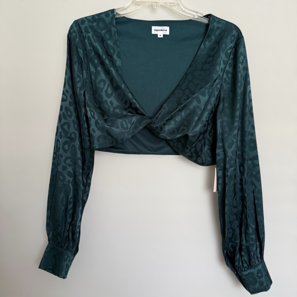 NWT Superdown Teal Audrina Twist Top Size M Satin Leopard Print Coconut Girl